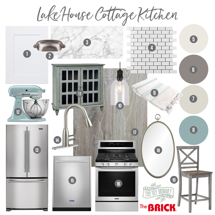 Classic lake cottage kitchen mood board in whites, greys and blues