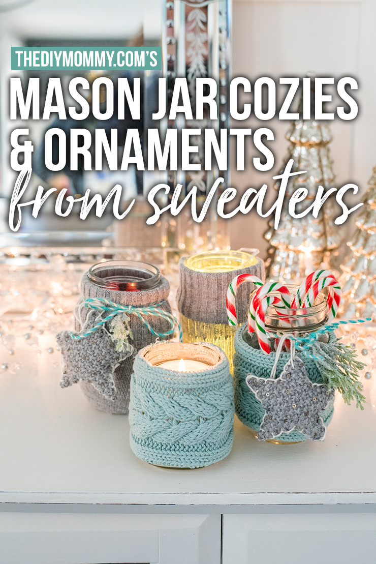 Adorable mason jar cozies and ornaments from a thrift store sweater