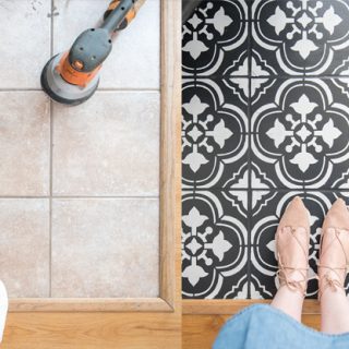 How to paint floor tile with a stencil. Amazing DIY faux cement tile look!