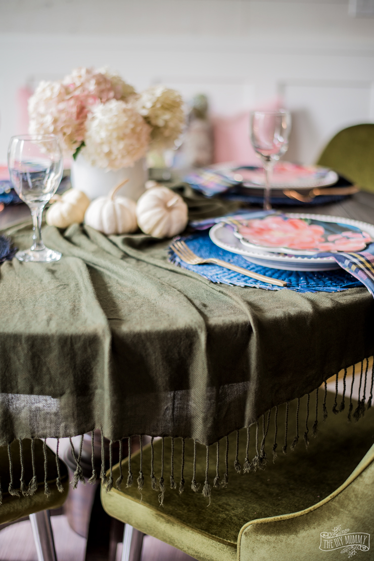 An elegant and colorful round tablescape for Fall