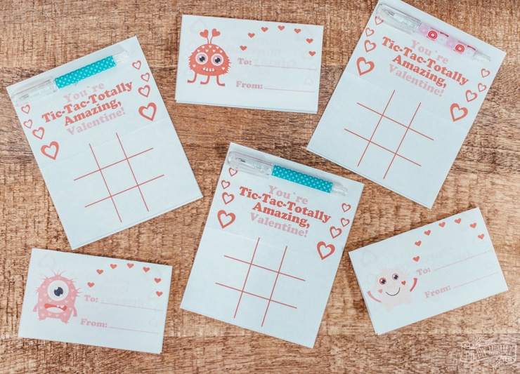 Tic Tac Toe Free Valentine's Day Card Printable featuring dollar store pens