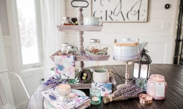 Lavender and Aqua Spring Tea Station on a Wooden Tiered Tray