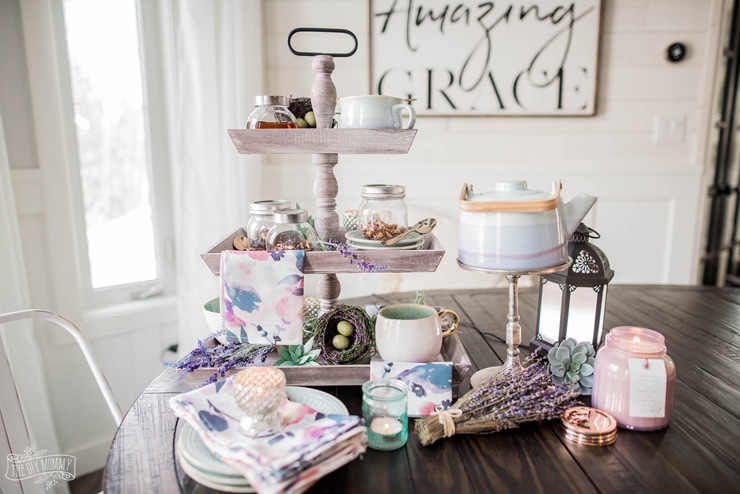 Lavender and Aqua Spring Tea Station on a Wooden Tiered Tray