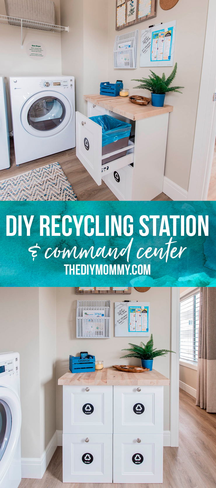 DIY Home Recycling Station & Family Command Center in Mudroom