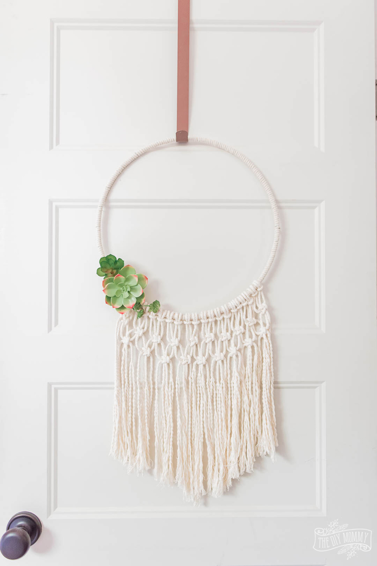 Summer hoop wreath idea with macrame cord and faux succulents or flowers