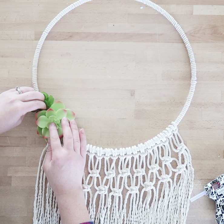 Summer hoop wreath idea with macrame cord and faux succulents or flowers