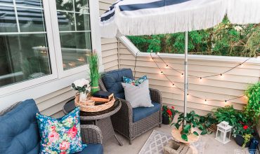 Country Cottage Small Balcony Decor with DIY Striped Fringed Umbrella