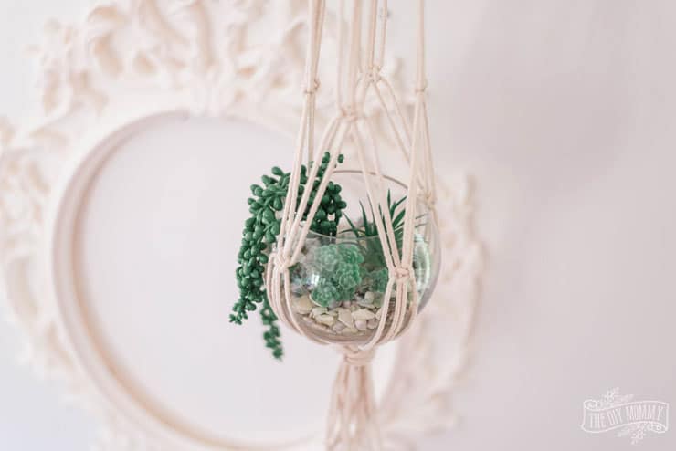 How to make a DIY macrame plant hanger with a thrifted vase and faux succulents