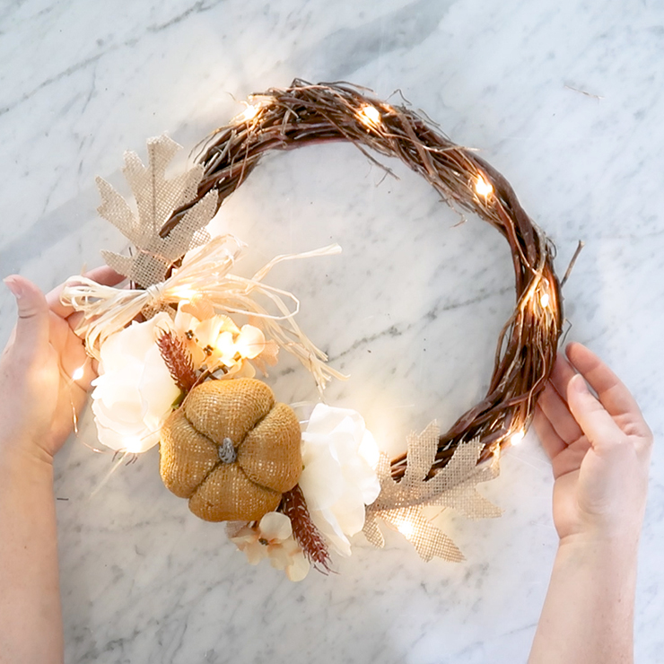 Make a rustic, lit Fall wreath for 6 dollars!