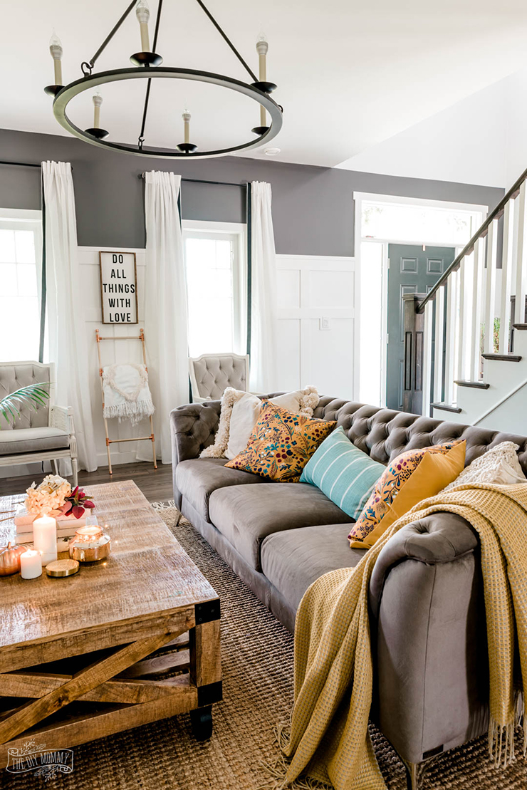 Cozy Fall living room decor in mustard yellow, teal and grey