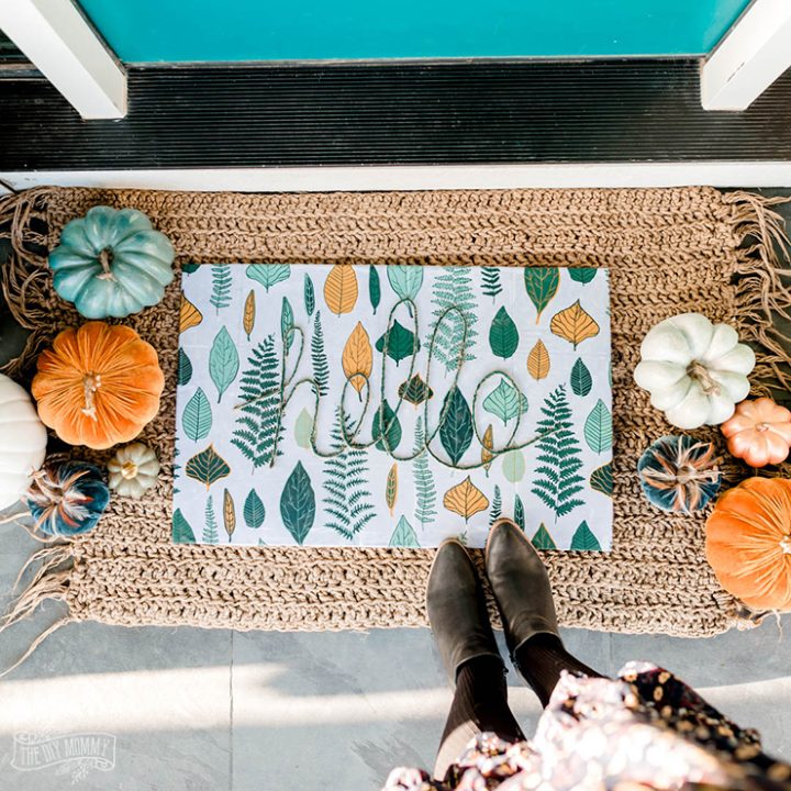 DIY Fall Front Doormat from a shower curtain and dollar store mat