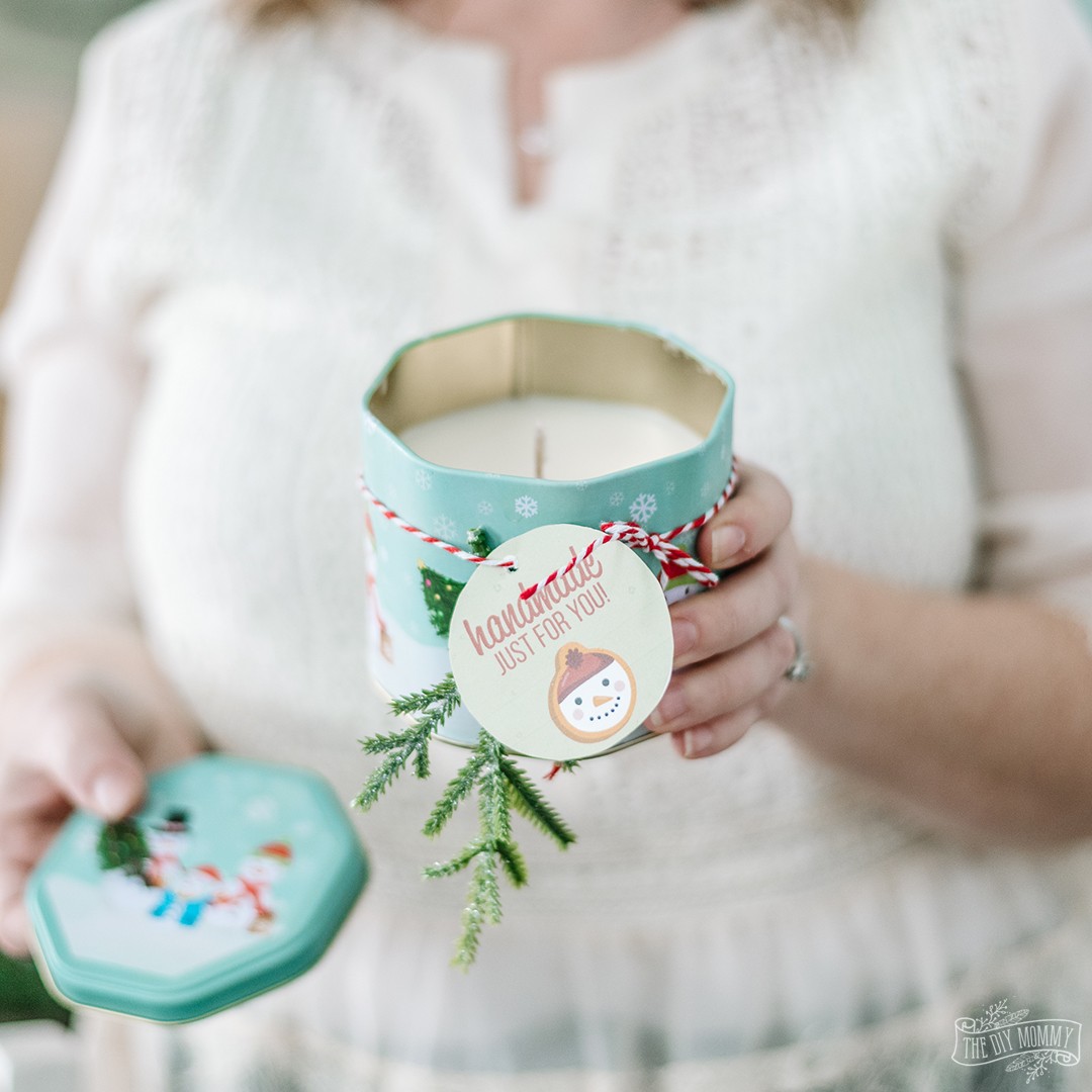 DIY Soy Candle in a Christmas Tin Idea with Nordic Inspired Handmade Free Printable Christmas Gift Tags