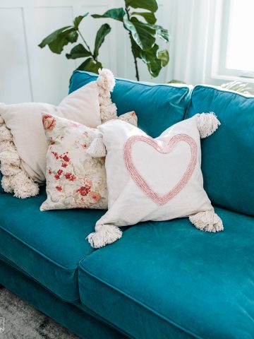 DIY Heart Pillow for Valentine's Day with a crochet chain, glue & pre-made pillow cover