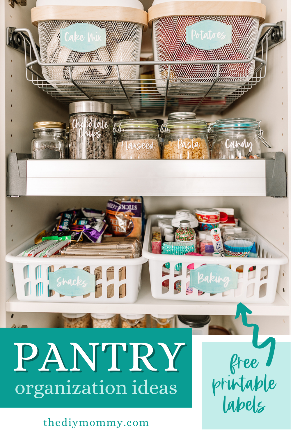 A small pantry is organized using pull-out shelves, bins, and containers.