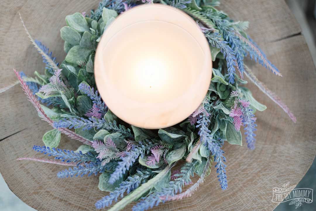 How to make a candle wreath using Dollar Tree faux lavender and lamb's ear florals