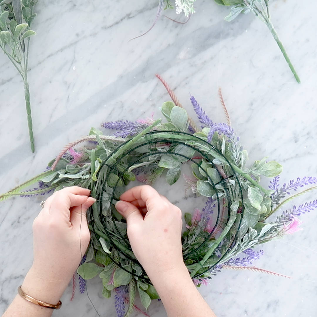 How to make a candle wreath using Dollar Tree faux lavender and lamb's ear florals