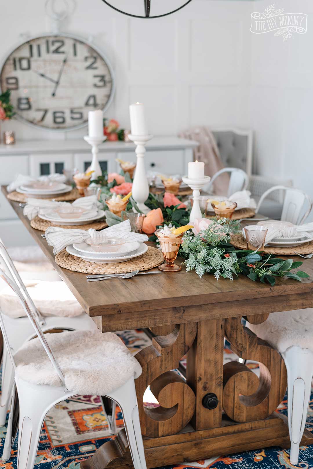 Spring / Easter tablescape idea in warm pinks, oranges, and vintage-inspired accessories.