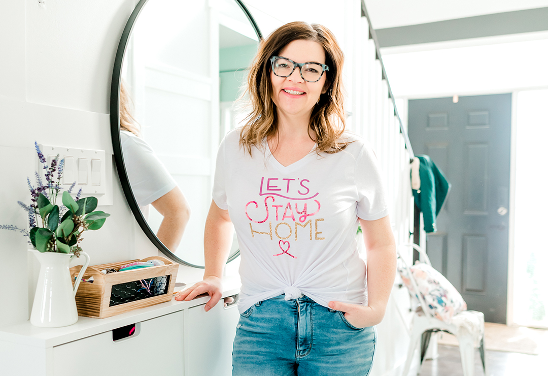 Make a DIY Let's Stay Home Tshirt with iron-on scraps and a Cricut