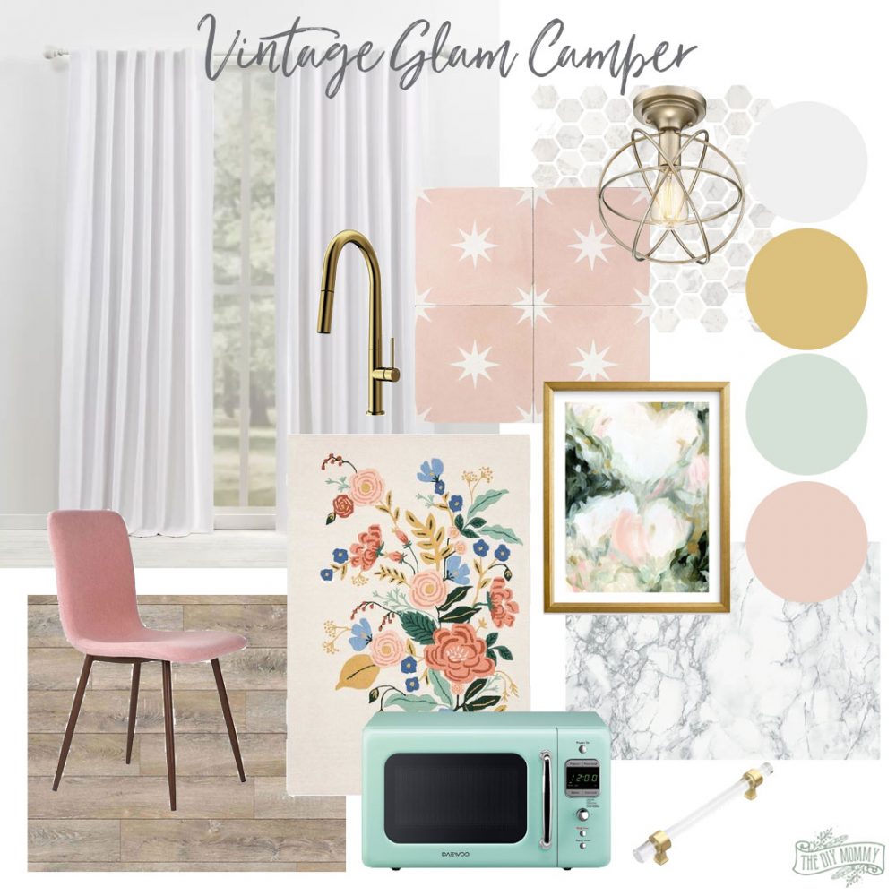 Vintage glam camper mood board with marble, pink, gold, mint green and fresh fun accents.