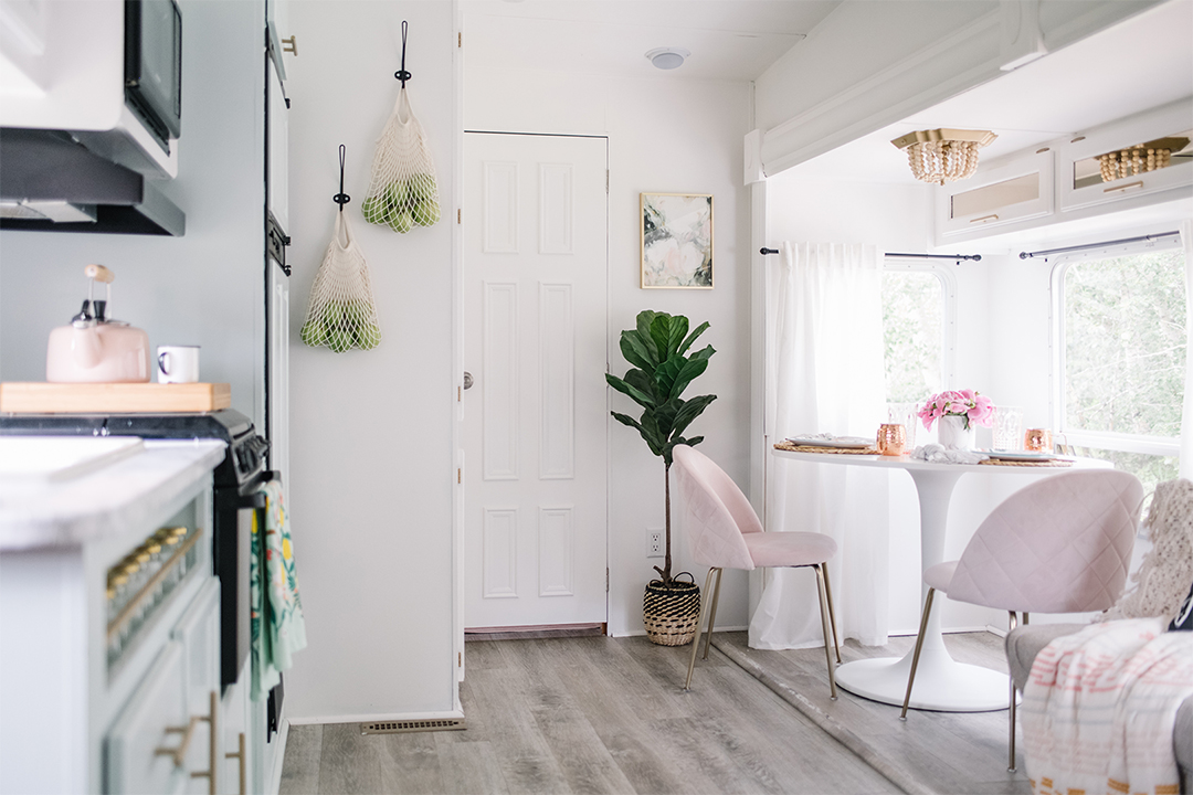 DIY RV makeover in white, pink, mint green and gold with modern & vintage glam accents.