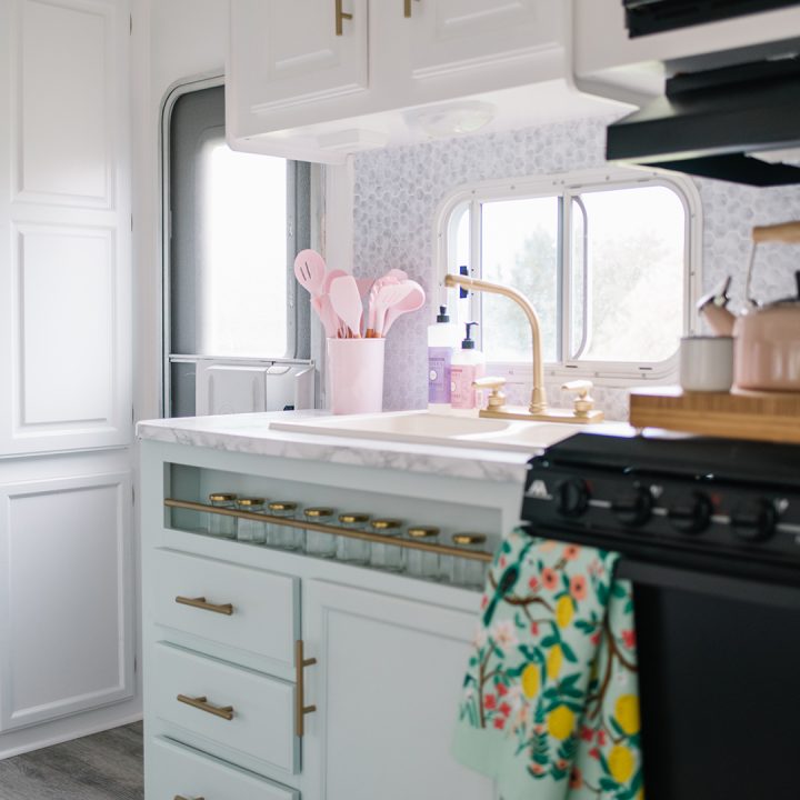 DIY RV makeover in white, pink, mint green and gold with modern & vintage glam accents.