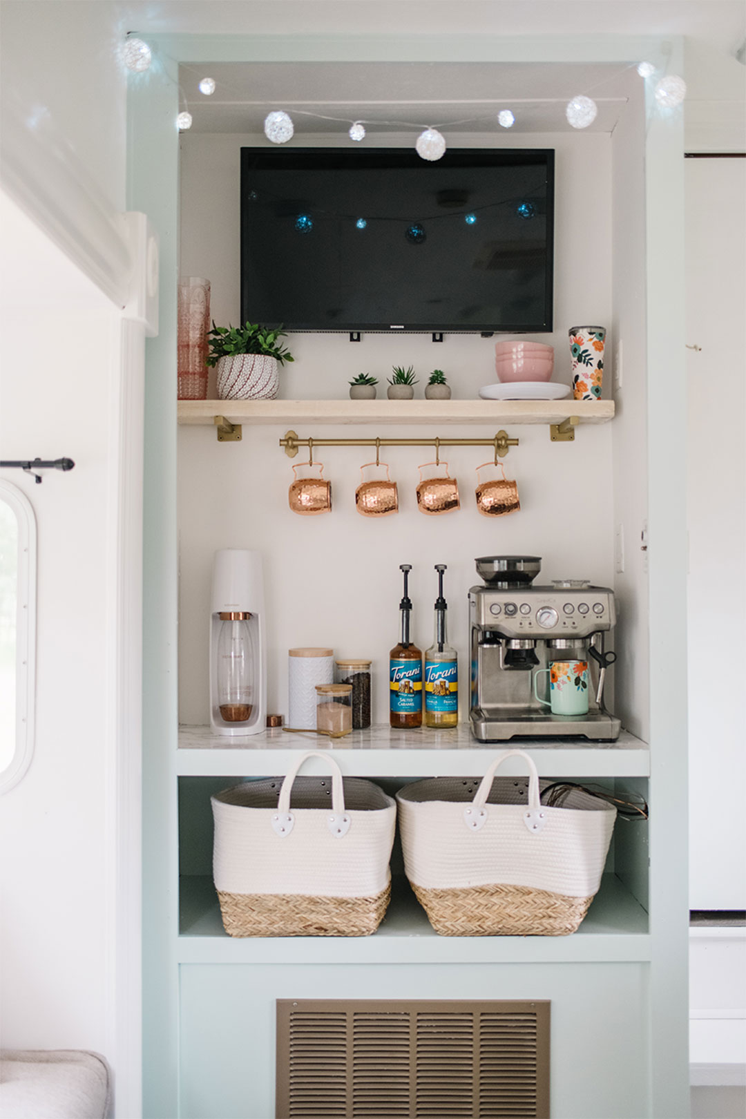 Turn a dated camper entertainment unit into an RV Coffee Bar and Drink Station