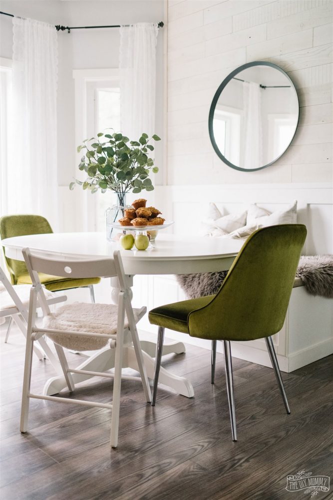 Green, white and natural breakfast nook decorated for Fall