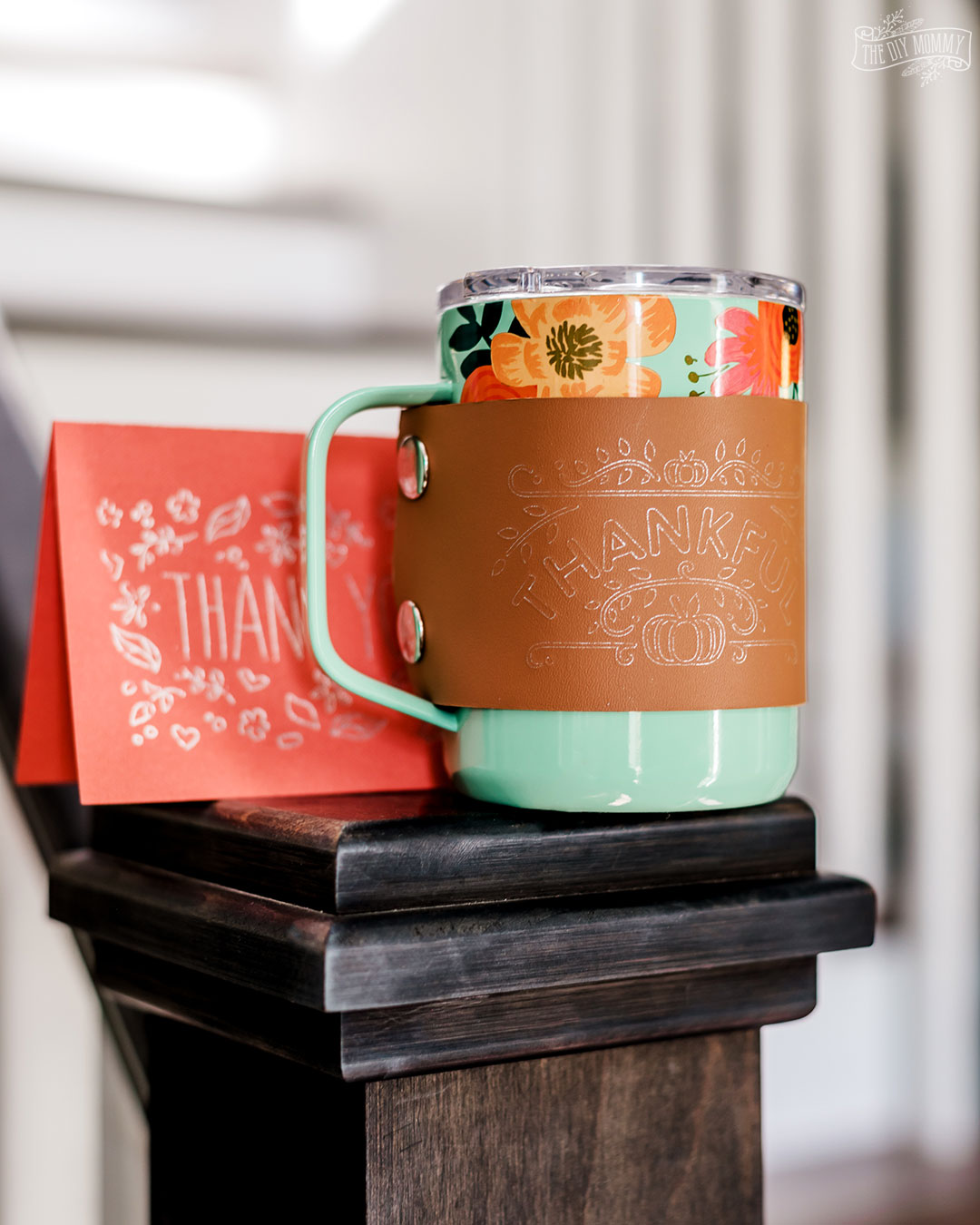 This simple Fall thank you gift basket makes a great gift to show appreciation for someone special. Learn how to make a foil effect Thank You card and leather mug cozy with foil lettering.