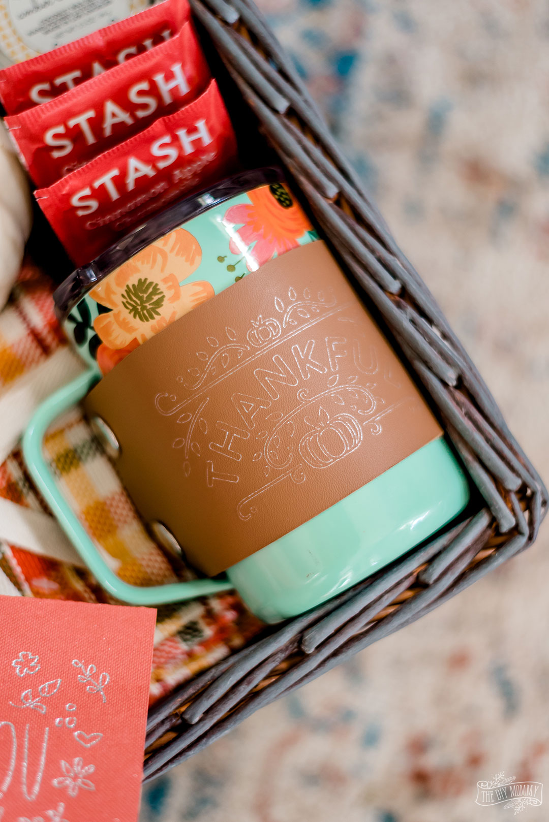 This simple Fall thank you gift basket makes a great gift to show appreciation for someone special. Learn how to make a foil effect Thank You card and leather mug cozy with foil lettering.