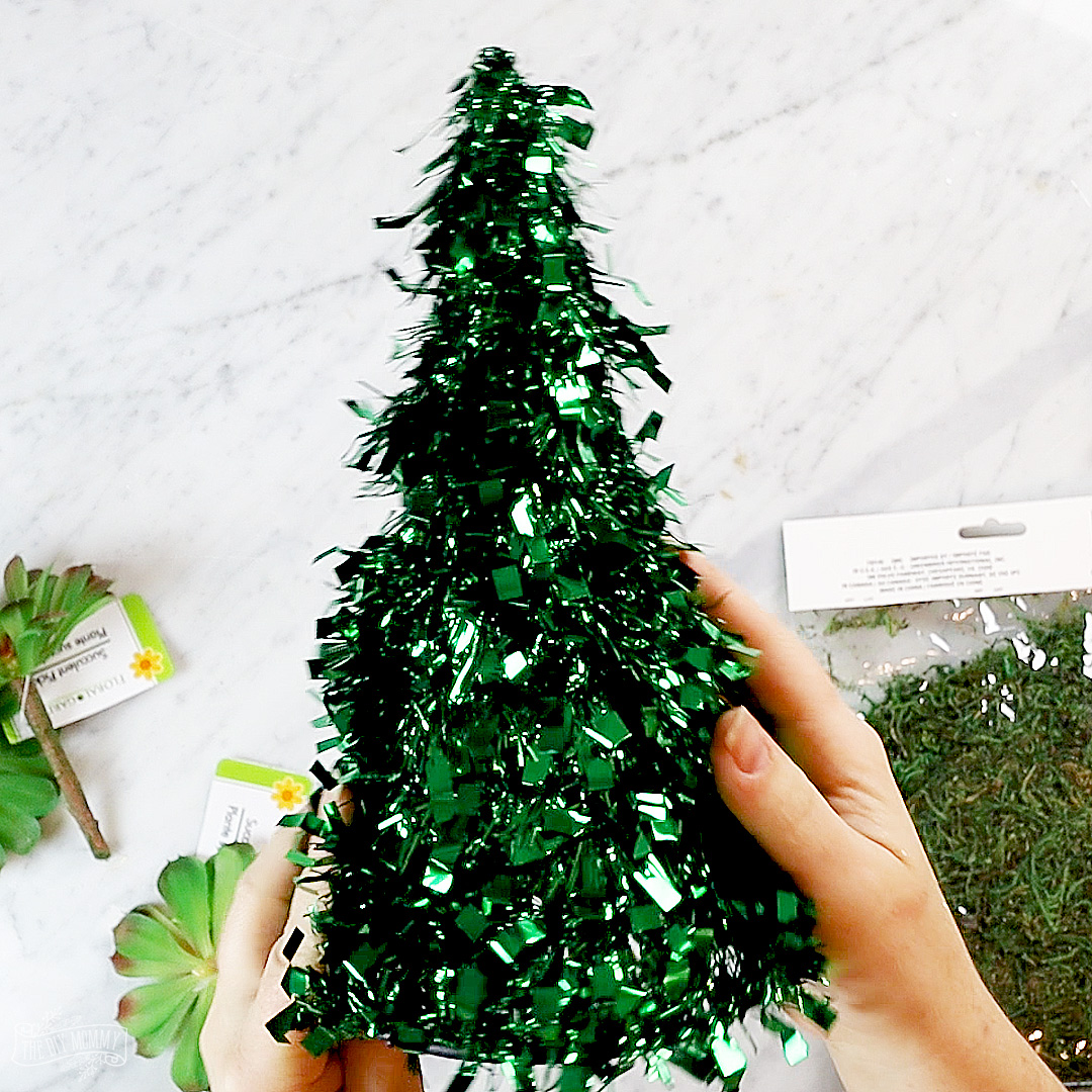 Make a faux succulent Christmas tree tabletop decor with all Dollar Tree supplies!