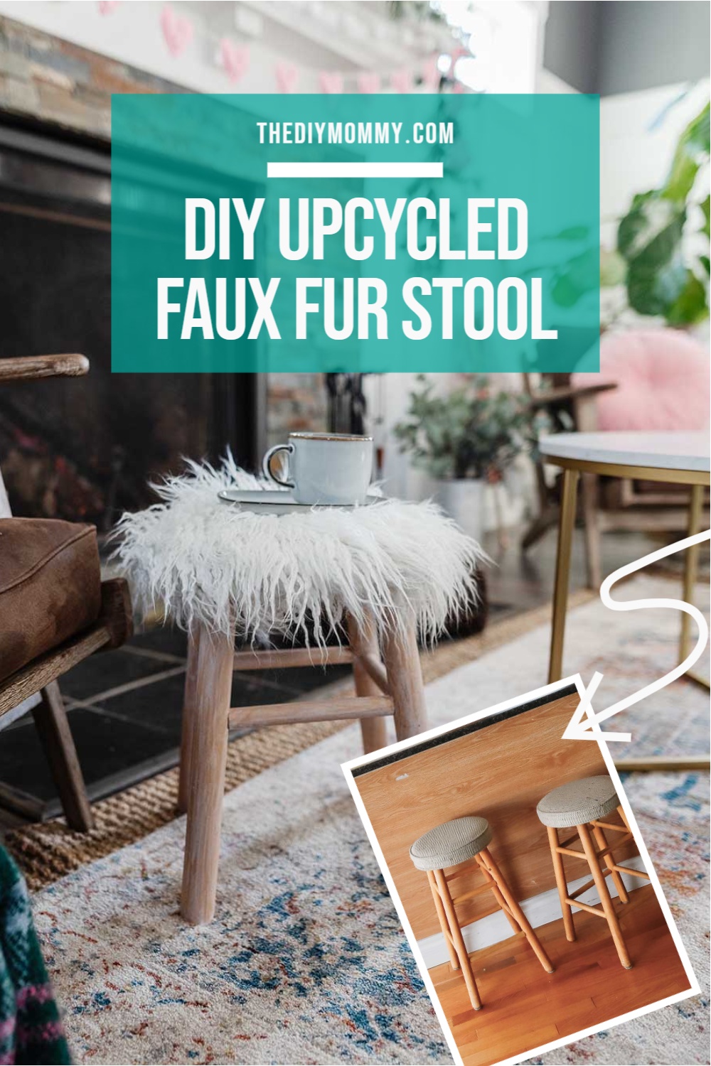 Turn a plain wooden counter stool into a cozy, Scandi inspired faux fur accent stool.