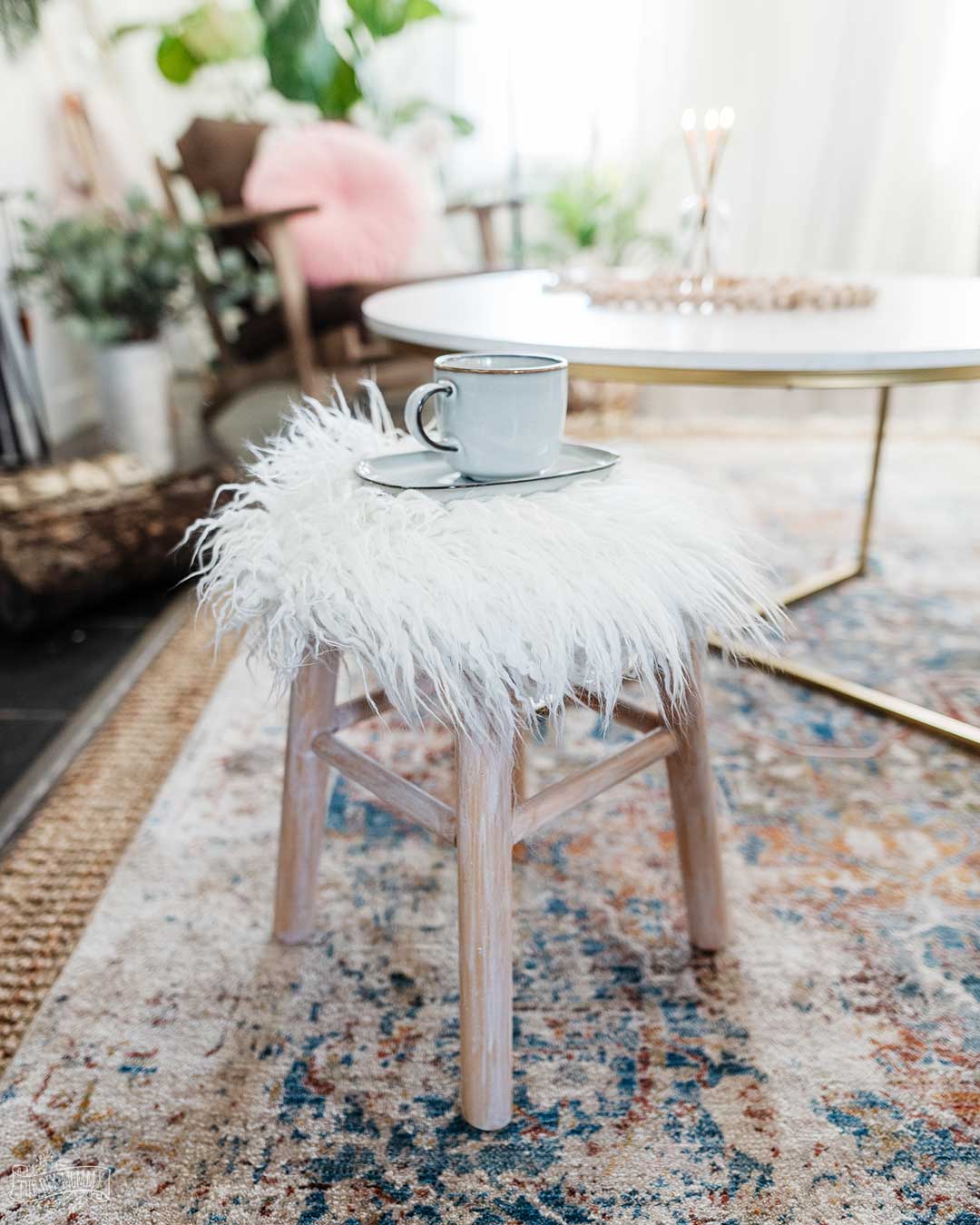 Cozy, Scandi inspired DIY faux fur stool upcycle