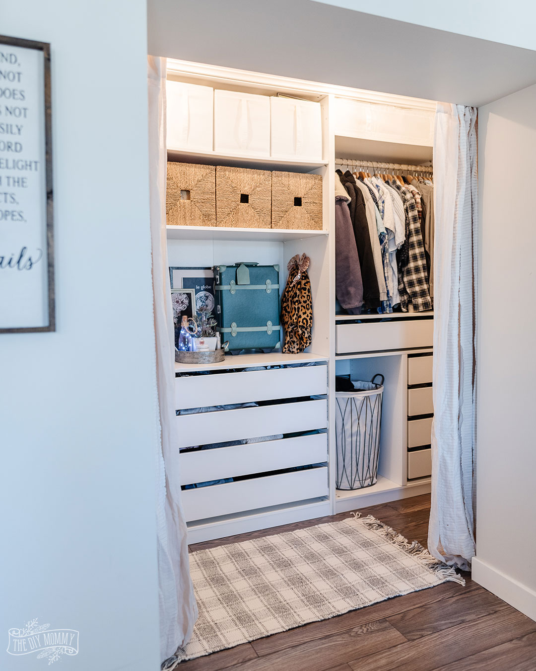 Before and after of a small walk-in closet transformed with DIY IKEA Pax units