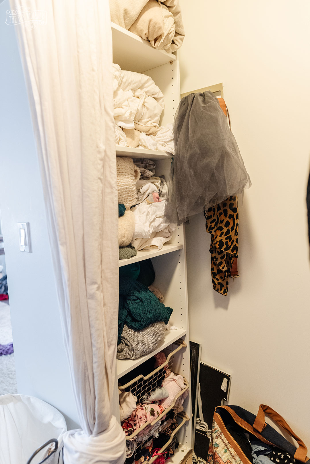 Before and after of a small walk-in closet transformed with DIY IKEA Pax units