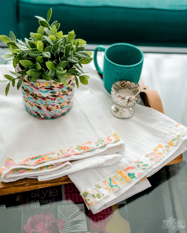 Make a No Sew Ruffled Tea Towel from Scrap Fabric