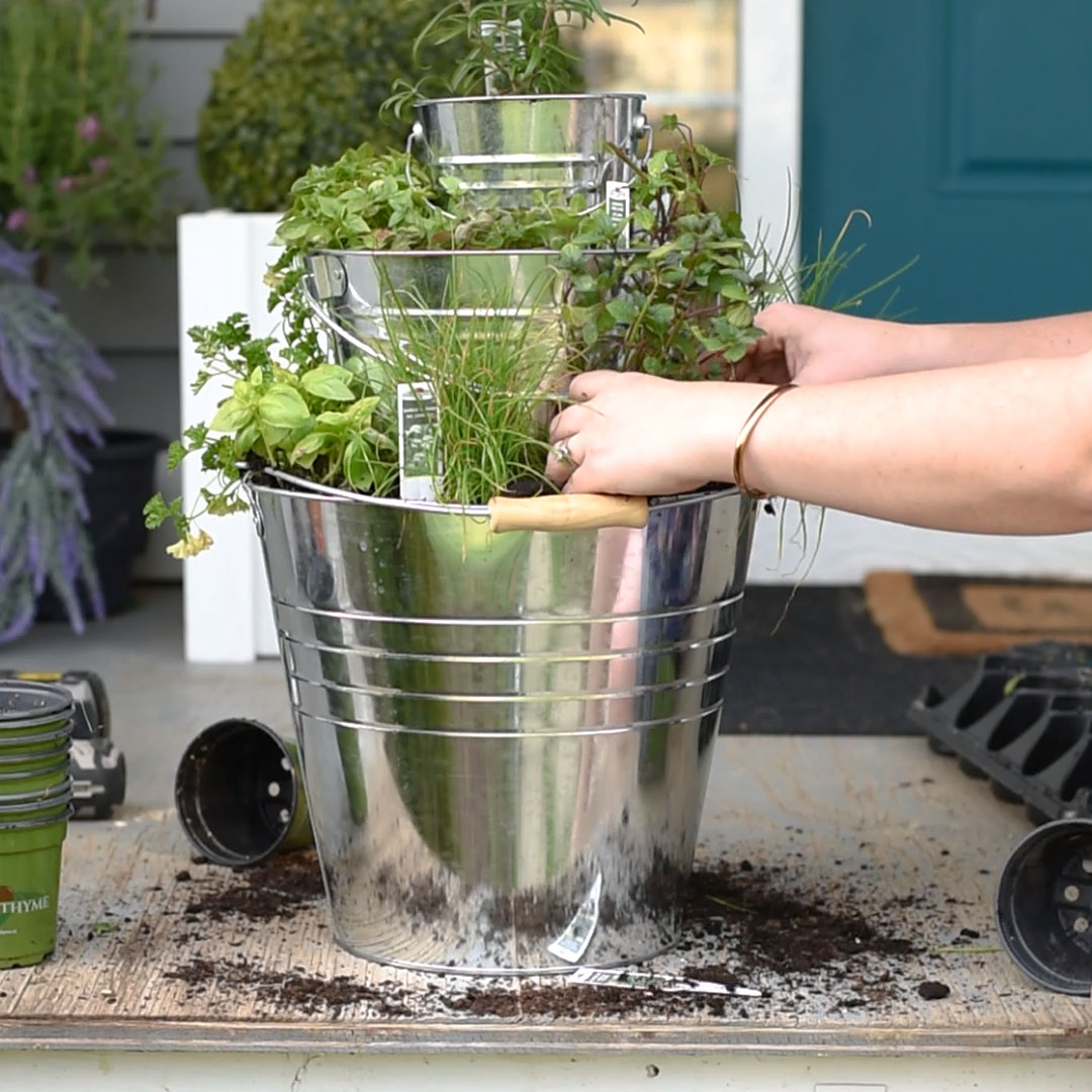 Make a beautiful DIY tiered herb planter from metal dollar store buckets. So easy!