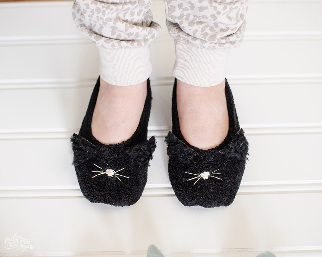 DIY cat slippers on feet