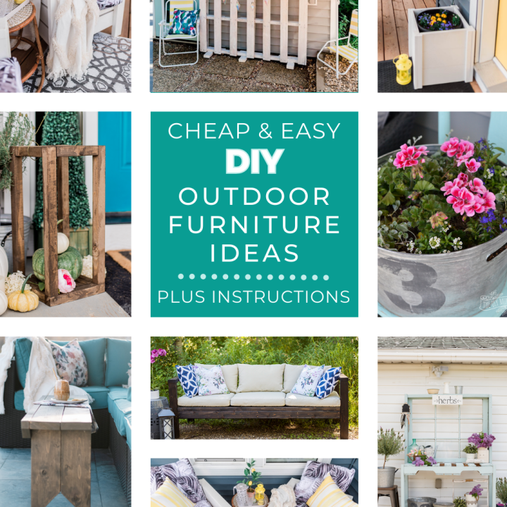DIY outdoor furniture ideas including a potting bench, pallet bar, outoor sofa, rustic coffee table, chairs, lantern and planter boxes