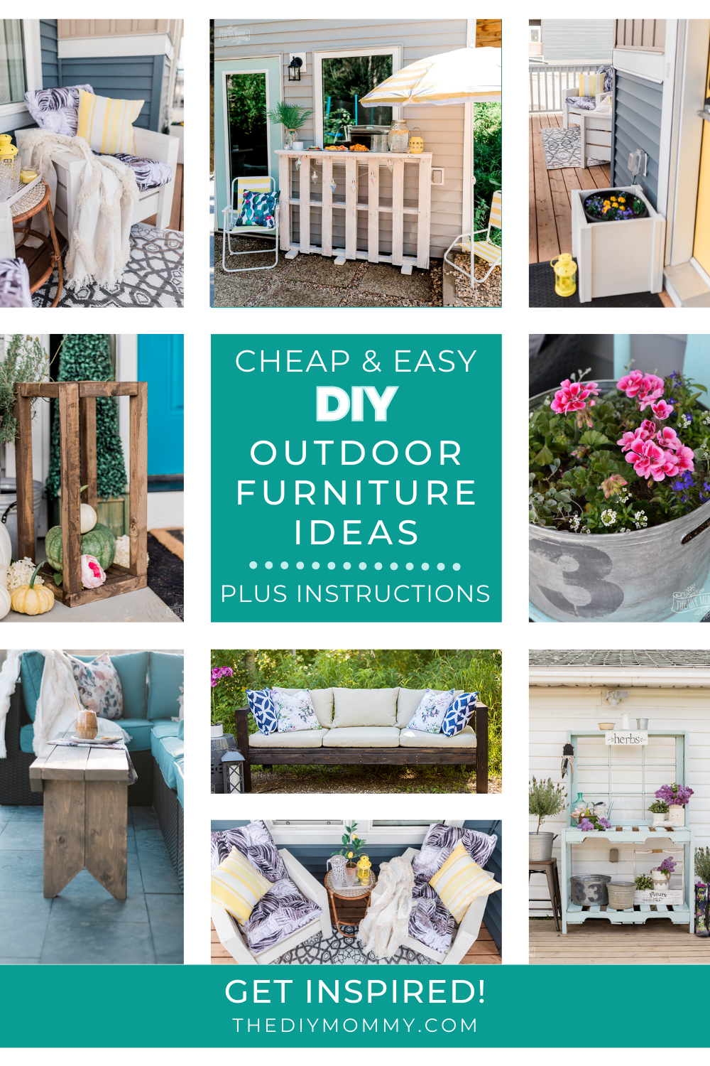 DIY outdoor furniture ideas including a potting bench, pallet bar, outoor sofa, rustic coffee table, chairs, lantern and planter boxes