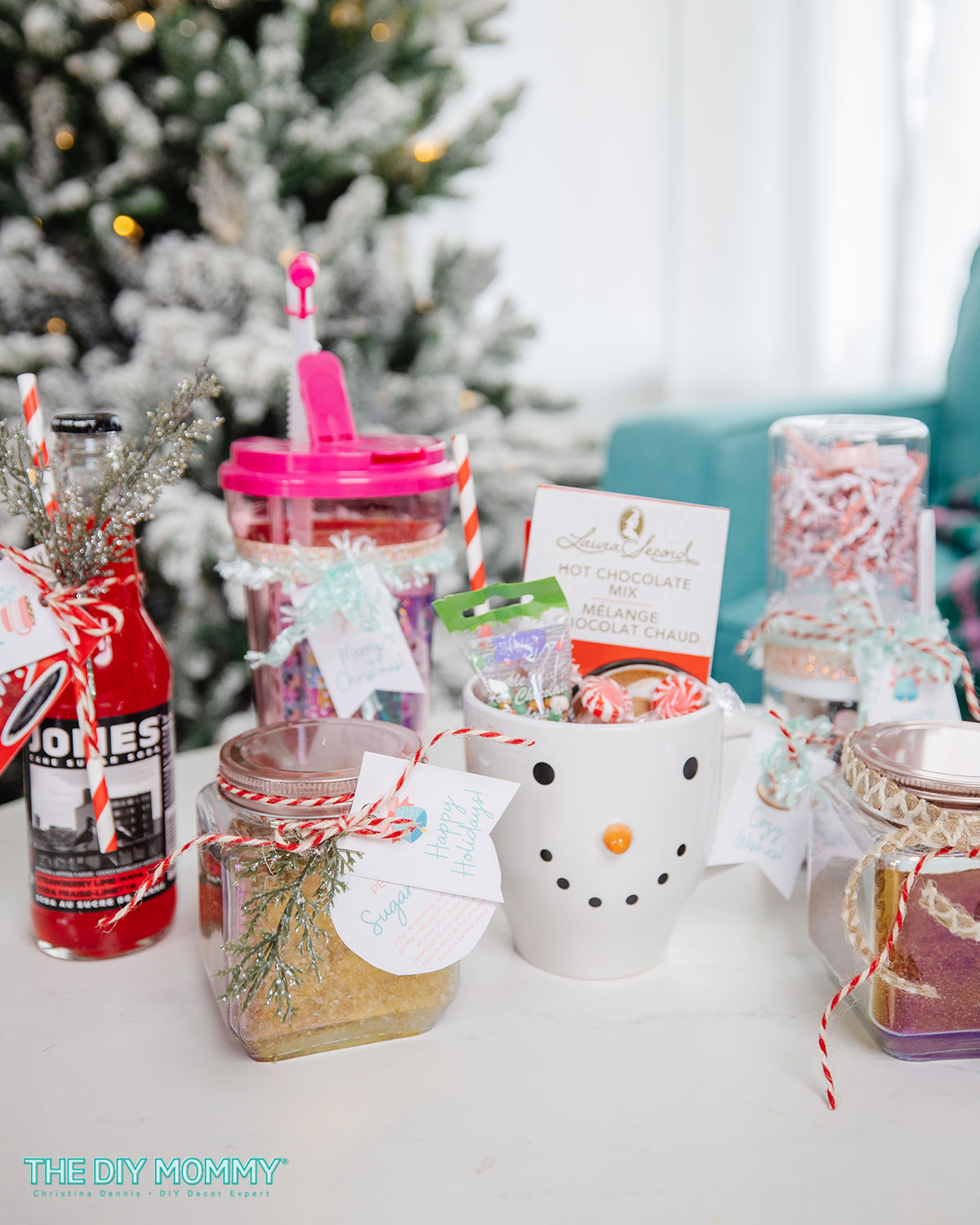 A variety of budget friendly teacher gifts ideas using Dolloar tree items Sugar scrub, Hot chocolate andsnowman mug, 