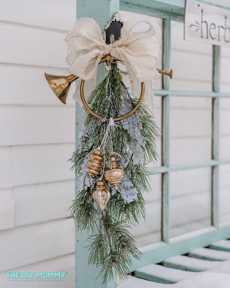 DIY Christmas Door Swag with a Thrifted French Horn