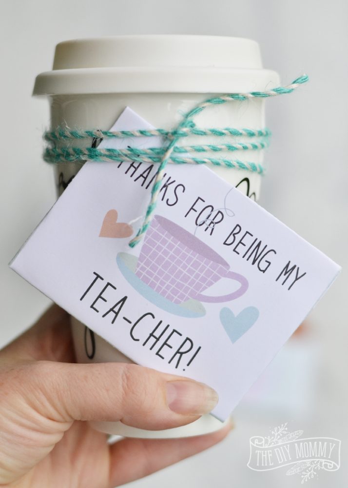Travel coffee cup with at printable label reading "Thanks for being my tea-cher! 