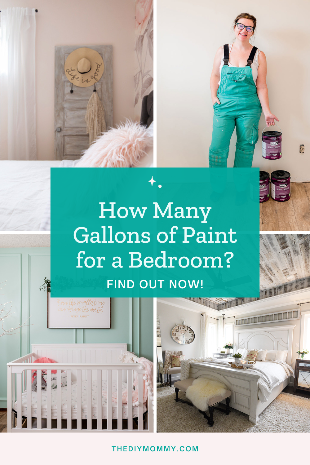 3 images of painted bedrooms and one with a woman standing with a gallon of paint. 